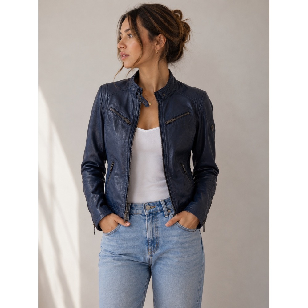 Mauritius Sandy Lamb Leather Jacket S | Dark Blue Moto Zip Regular Fit